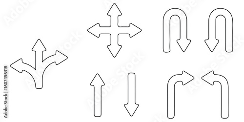 Transparent PNG available
Abstract set of way direction arrow. Collection of way sign, Road navigation arrows, direction mark, crossroad symbol, arrow set vector illustration. Black road navigator arr