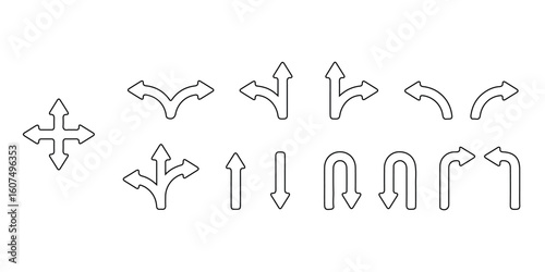 Transparent PNG available
Abstract set of way direction arrow. Collection of way sign, Road navigation arrows, direction mark, crossroad symbol, arrow set vector illustration. Black road navigator arr