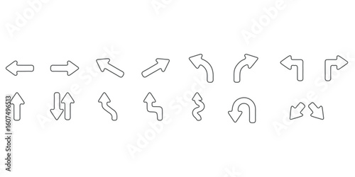 Transparent PNG available
Abstract set of way direction arrow. Collection of way sign, Road navigation arrows, direction mark, crossroad symbol, arrow set vector illustration. Black road navigator arr