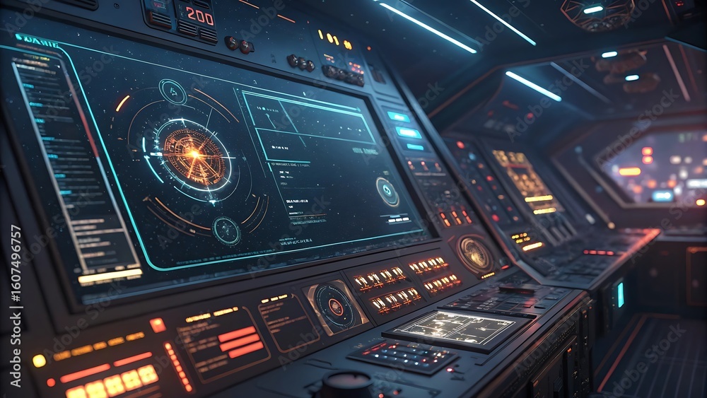 Fototapeta premium High-tech atmosphere of a futuristic spaceship cockpit featuring an advanced operating system user interface on multiple screens.