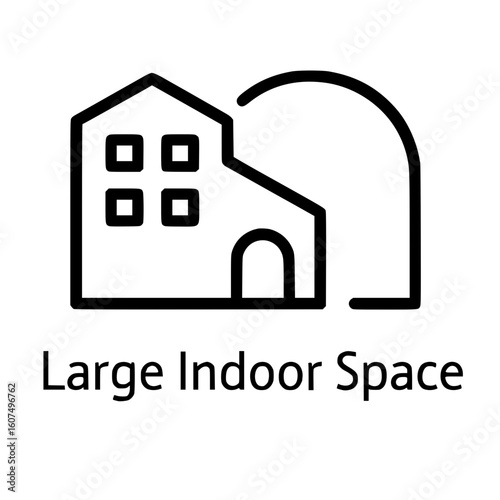 Green line icon of a large indoor building facility or exhibition space

