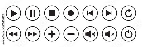 Collection of media player icons in outline style, including play, pause, replay, previous, next, volume, plus, minus, and more. Vector illustration