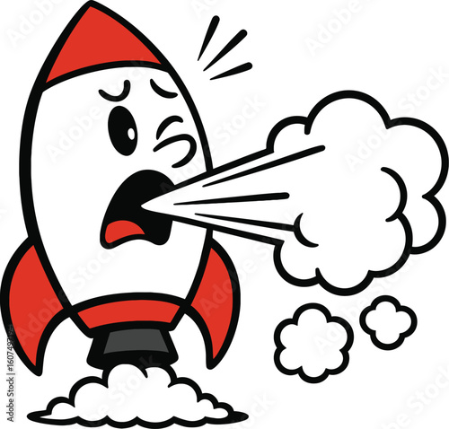 Worried cartoon rocket ship character with smoke and steam blowing from its mouth, expressing concern before launch. Ideal for space, anxiety, or powerful propulsion themes.