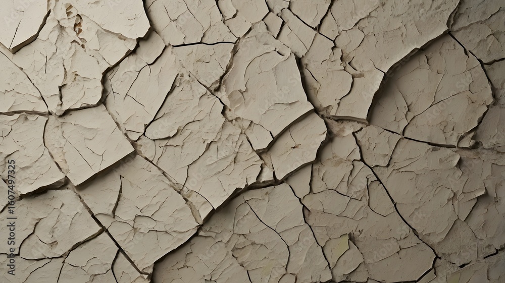 Fototapeta premium Dry cracked earth texture; arid climate; geological surface detail; subtle beige tones; environmental study.
