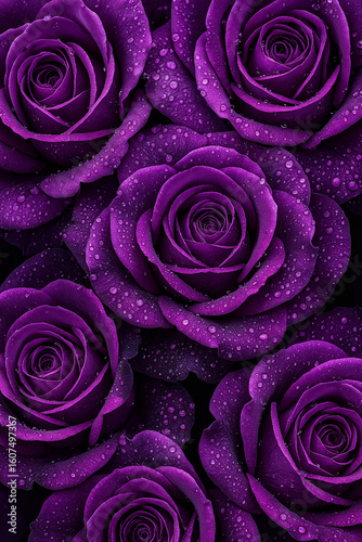 Close up of lush purple roses with water droplets
