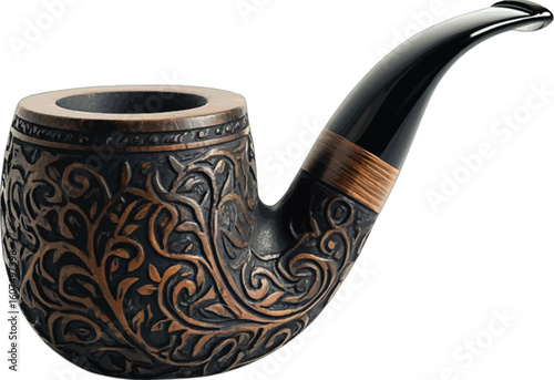 Ornate carved smoking pipe with dark bowl and black stem tobacco