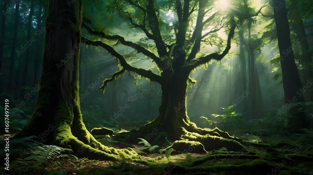 Fototapeta premium Ancient Moss-Draped Trees in a Sun-Dappled Emerald Forest, Mystical Atmosphere, Lush Greenery