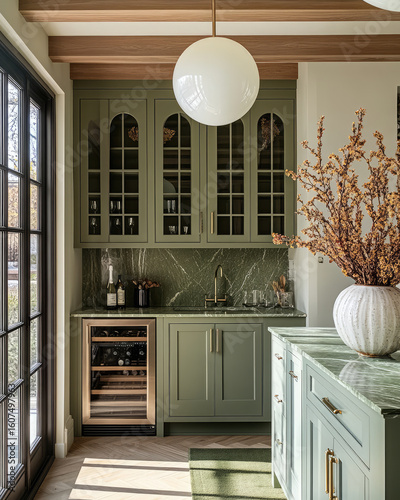 modern FARMHOUSE STYLE kitchen featuring PASTEL ANTIQUE green cabinetry, marble countertops, and wine cooler. space is brightened by natural light decorative elements, stylish DECORATION