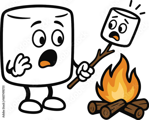 Humorous cartoon marshmallow character looking scared as it holds another marshmallow on a stick over a campfire. Ideal for camping, food, or funny concepts.