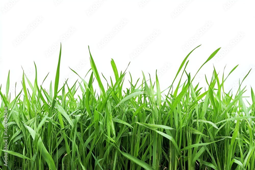 Fototapeta premium Lush, bright green blades of grass against a clean white backdrop, perfect for background