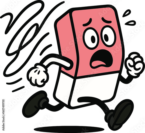 Worried cartoon eraser character running away with a scared expression, leaving scribbled lines behind. Symbolizes mistakes, correction, or avoiding errors.