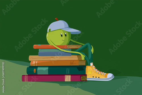 Illustration of an apple wearing a cap and with a school backpack sitting on a stack of books. Concept: back to school.