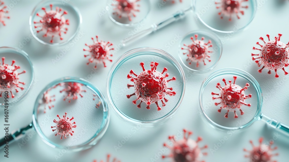 Fototapeta premium Many magnifying glasses focus on virus models on a white surface, scattered pattern