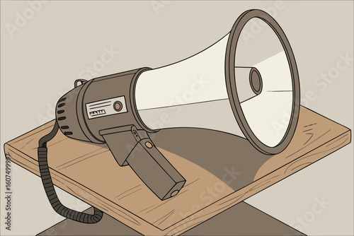  megaphone on wooden classroom desk, close-up, high definition, octane render, hyper-realistic, 8k