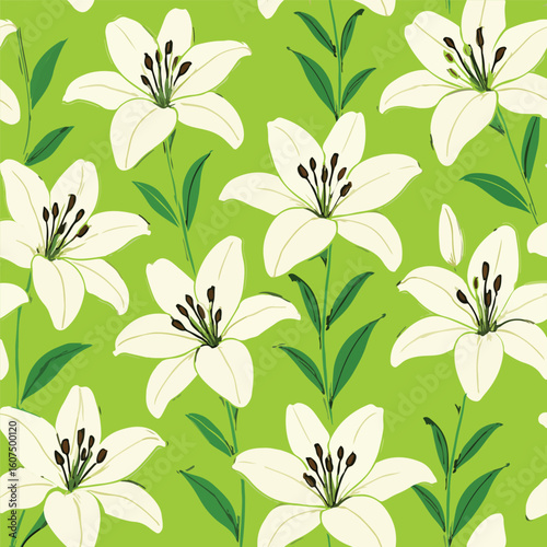 Captivating white lily floral pattern on a vibrant green background. Perfect for modern botanical designs, textiles, and digital backgrounds, reflecting nature's fresh appeal