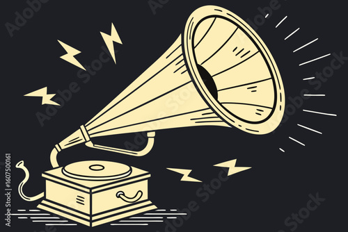  megaphone, golden, retro, iconic, sound waves, broadcast, announcement, publicity, attention-grabbing, dramatic lighting, dark background