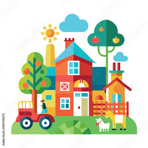 Colorful Modern Home Exterior Vector Cozy House with Garden on White Background