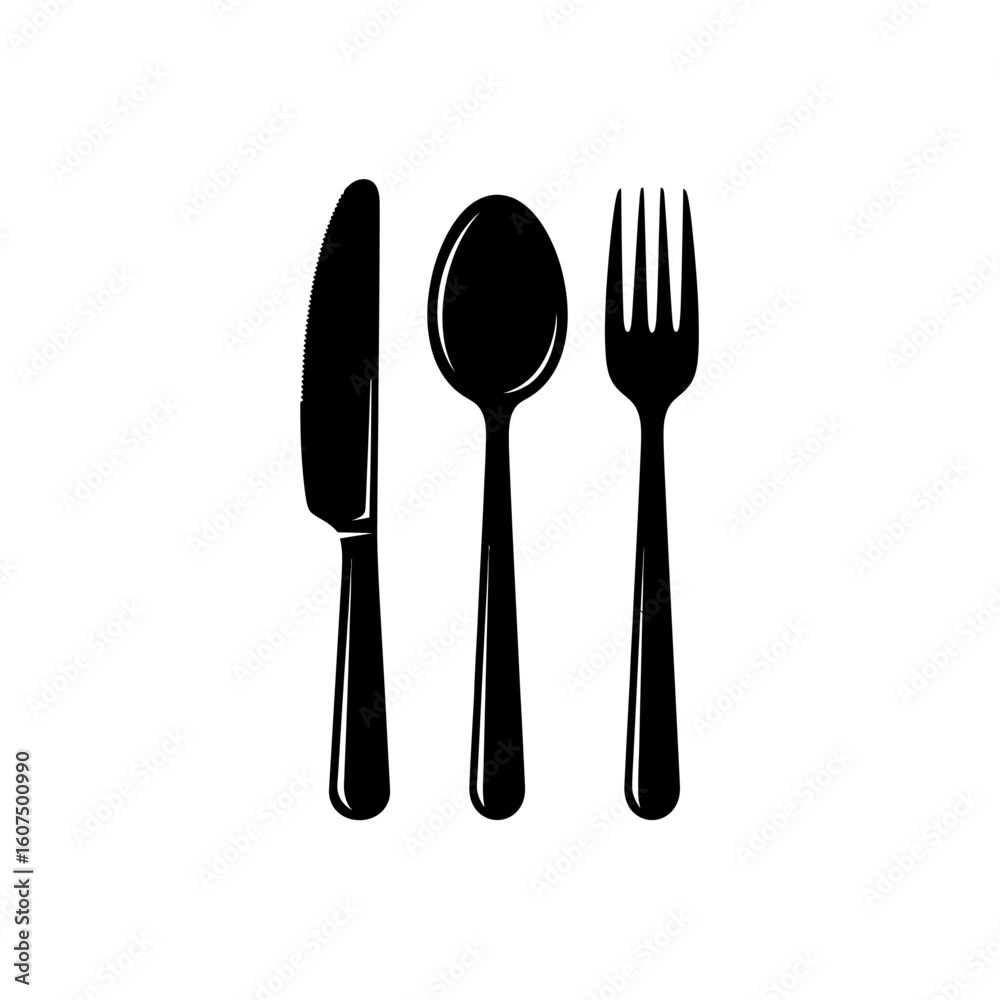 Isolated black and white silverware set with knife spoon and fork aligned well Isolated black and white silverware set with knife spoon and fork aligned well