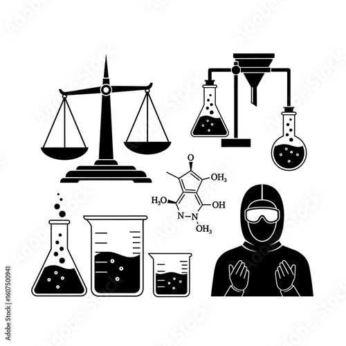 Black and white science lab equipment with chemical structure and hazmat suit
