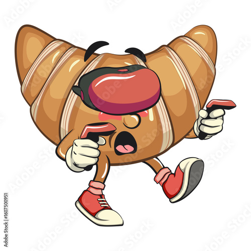 funny croissant mascot character entering virtual reality with technology in sneakers, cute bakery bread cartoon vector isolated illustration, work of hand drawn