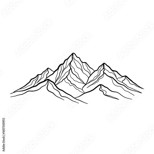A black and white line drawing of a mountain range with detailed ridges and peaks