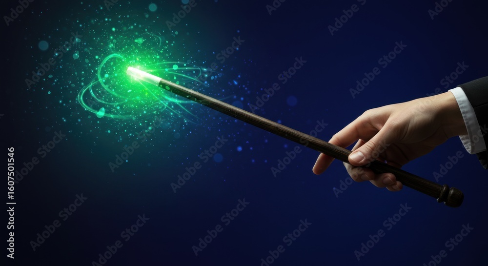 Fototapeta premium A hand holding a glowing green magic wand, emitting sparks and energy, against a dark background.