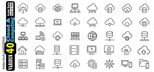Collection of 40 cloud and computing icons in black outline style cloud computing technology