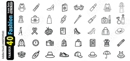 Collection of 40 fashion and lifestyle icons in black outline clothing dress