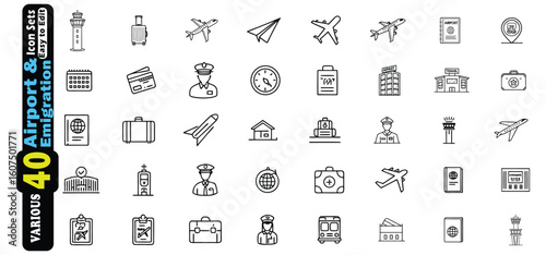 Collection of Black and White Airport and Travel Related Icons airplane passport