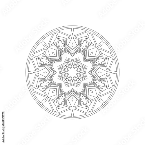 intricate geometric mandala design with star and triangle patterns on white background