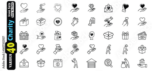 Collection of charity and donation line art icons on white background giving helping