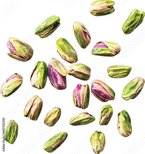 Shelled pistachios scattered green and purple nuts food