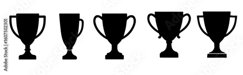 Trophy Black Vectors Set, Achievement and Award Icons in Bold Silhouette Style, Editable Formats: AI, EPS, JPG, PNG, Ideal for Both Digital and Print Use
