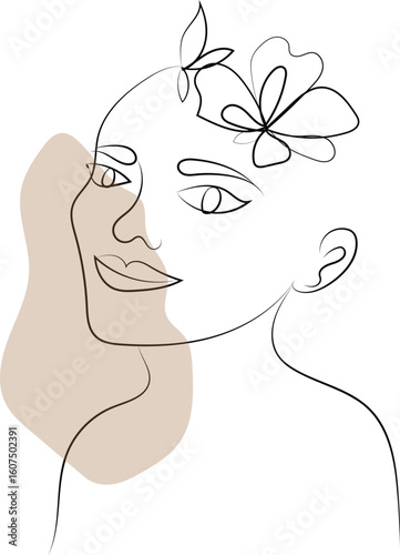 Abstract illustration of a woman's profile with flowing hair and a delicate flower, symbolizing beauty and maternal love