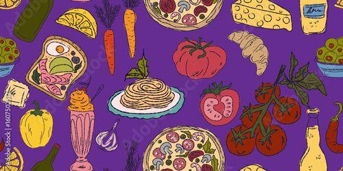 The Dolce Vita collection is a whimsical seamless pattern with vibrant color accents, inspired by the Mediterranean lifestyle. Hand-drawn sketch style