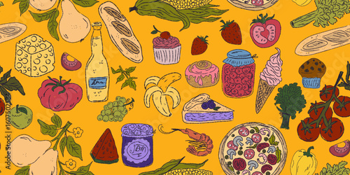 The Dolce Vita collection is a whimsical seamless pattern with vibrant color accents, inspired by the Mediterranean lifestyle. Hand-drawn sketch style