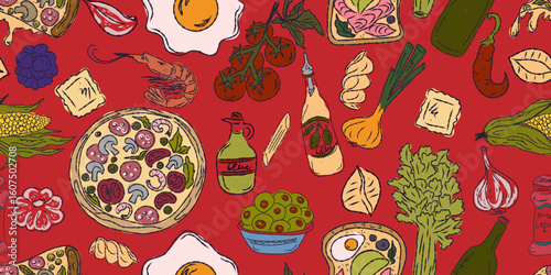 The Dolce Vita collection is a whimsical seamless pattern with vibrant color accents, inspired by the Mediterranean lifestyle. Hand-drawn sketch style