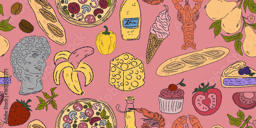 The Dolce Vita collection is a whimsical seamless pattern with vibrant color accents, inspired by the Mediterranean lifestyle. Hand-drawn sketch style