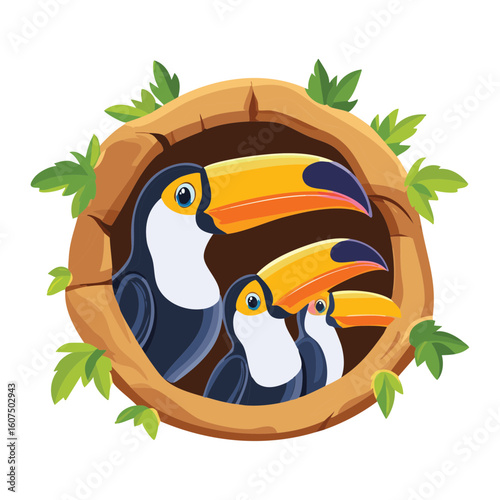 Happy Toucan Family Snuggled In Leafy Nest