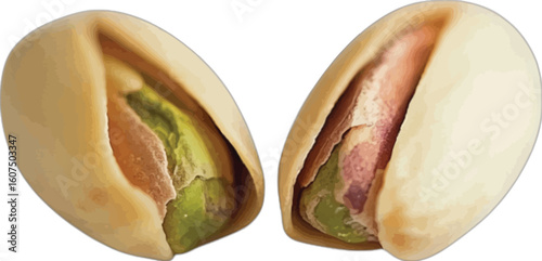 Two shelled pistachios with green kernels nuts food