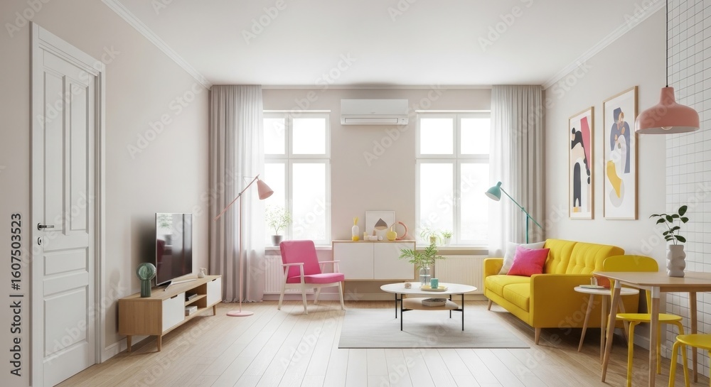 Fototapeta premium Bright and Cheerful Interior Featuring a Yellow Sofa, Pink Chair, and Modern Decor Accents