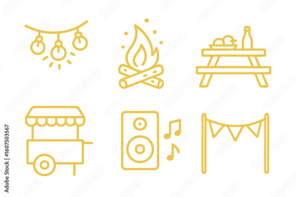 Naklejka premium Yellow thin line icons of outdoor party elements like string lights, bonfire, and food cart. Perfect for summer festivals and celebrations.