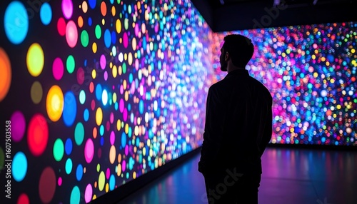 Person contemplates colorful, dynamic display