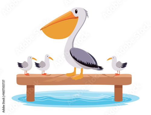 Pelican and Small Birds Perched on Pier