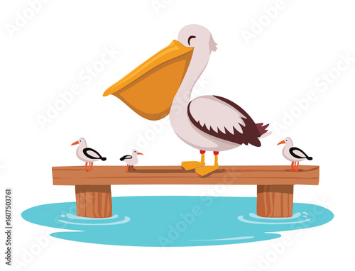Pelican Watching Small Birds from Wooden Pier