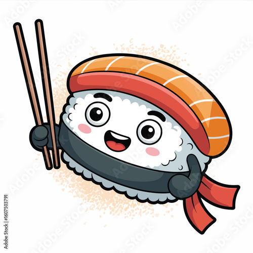 Cute cartoon sushi character holding chopsticks with salmon topping