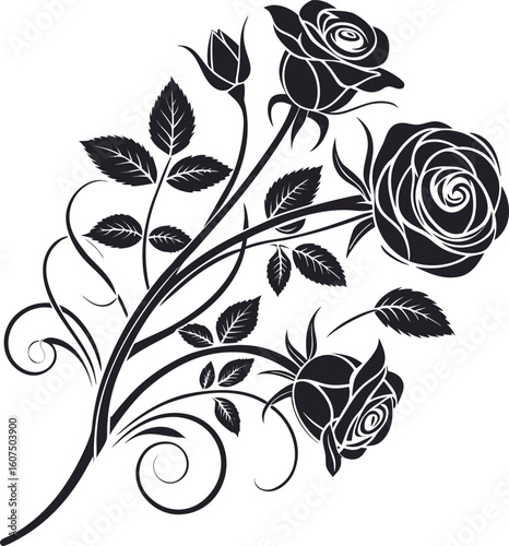 decorative black rose floral art with curled stem