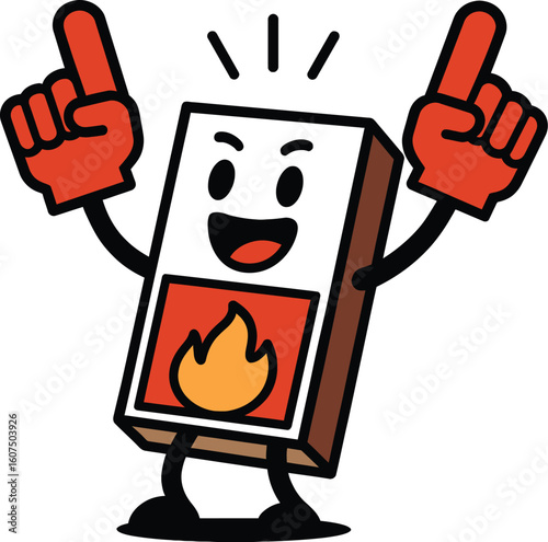 Excited cartoon matchbox character with a happy face and flame icon, wearing red foam fingers. Perfect for themes of starting, enthusiasm, or celebration.