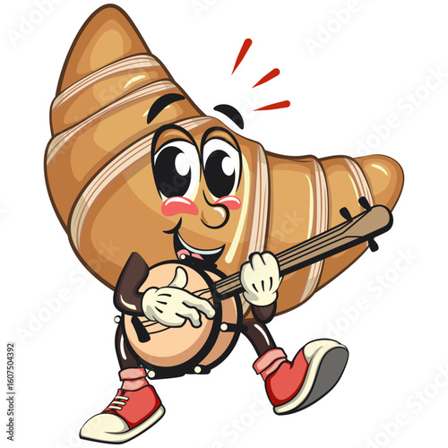 funny croissant mascot character playing the banjo musical instrumen in sneakers, cute bakery bread cartoon vector isolated illustration, work of hand drawn