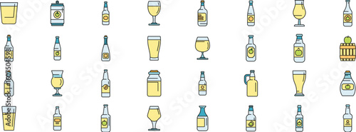 Different types of cider glasses, bottles, jars, and barrels showing the variety in the production of this alcoholic beverage